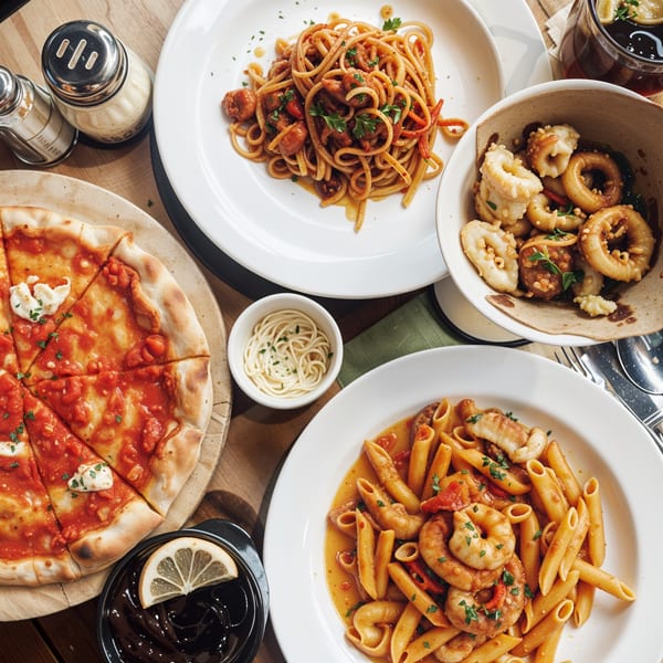 An overhead view of a table laden with various Italian dishes, including pizza, pasta, and calamari.