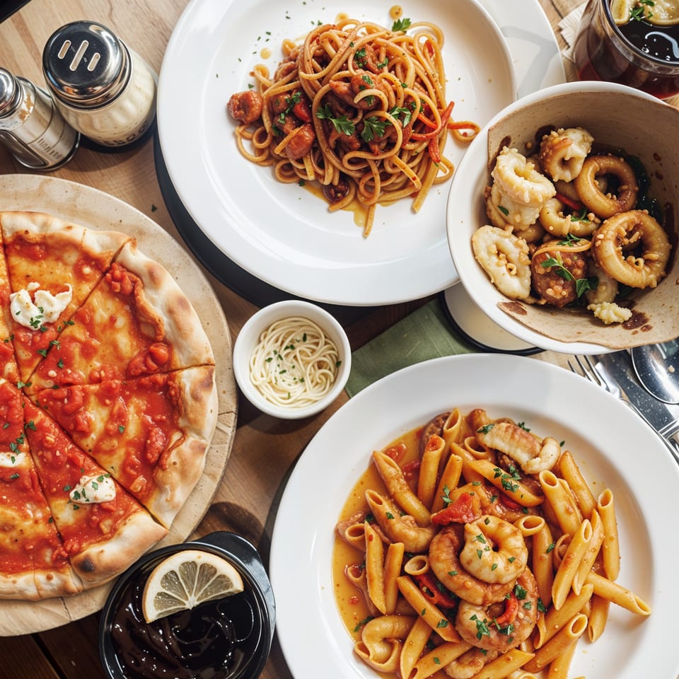 An overhead view of a table laden with various Italian dishes, including pizza, pasta, and calamari.